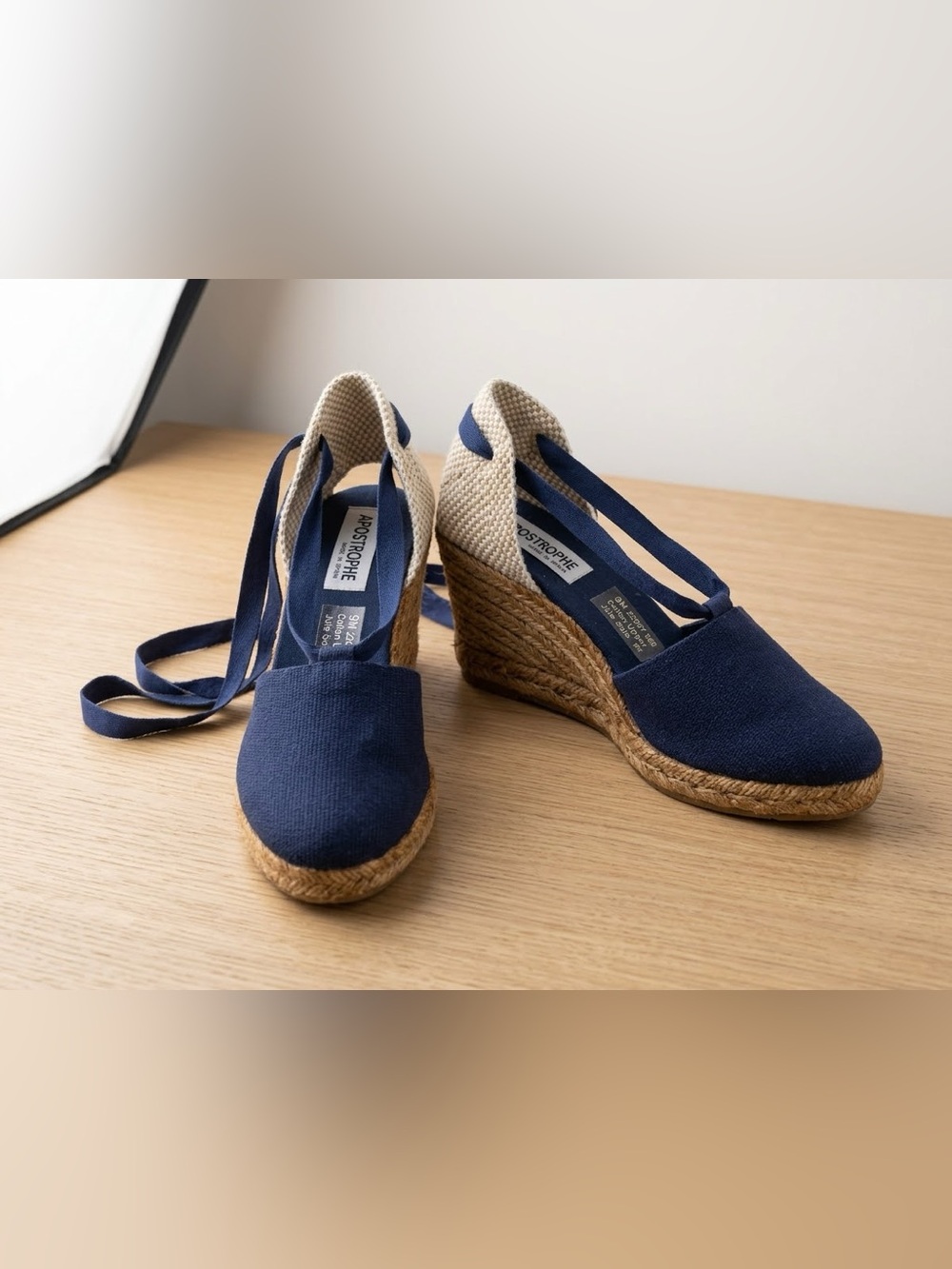 Vintage Apostrophe Navy Blue Espadrille Wedges Ankle Tie Canvas Sandals 9M Spain